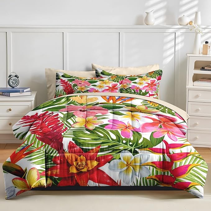 Nesker 7 Pcs Comforter Set Full Size, Tropical Flower Palm Leaf Bedding Set for Kids and Adults, Leaves Floral Hibiscus Bed Sheet Sets with Fitted Sheet 2 Pillowcases & 2 Shams