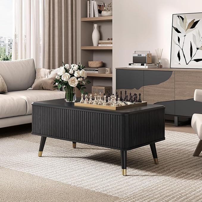 Lift Top Coffee Table with Storage, Mid Century Modern Rectangular Center Table, Fluted Design with Hidden Compartment, Rising Desk for Work from Home, Living Room Furniture, Black Finish