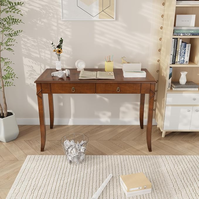 Large Computer Desk Office Table with 2 Drawers, 46" Solid Wood Study Writing Desk Workstation with Storage Space, Mid-Century Vanity Dressing Table for Office, Easy Assembly Caramel Brown BSZ-DR200