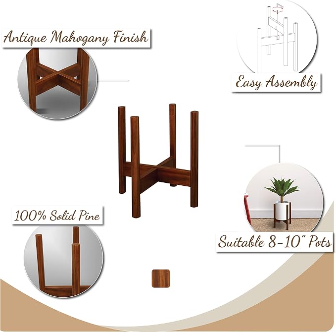 Mid-Century Modern Wood Plant Display Stand, Fit Up to 12", Plant and Pot NOT Included - Antique Mahogany