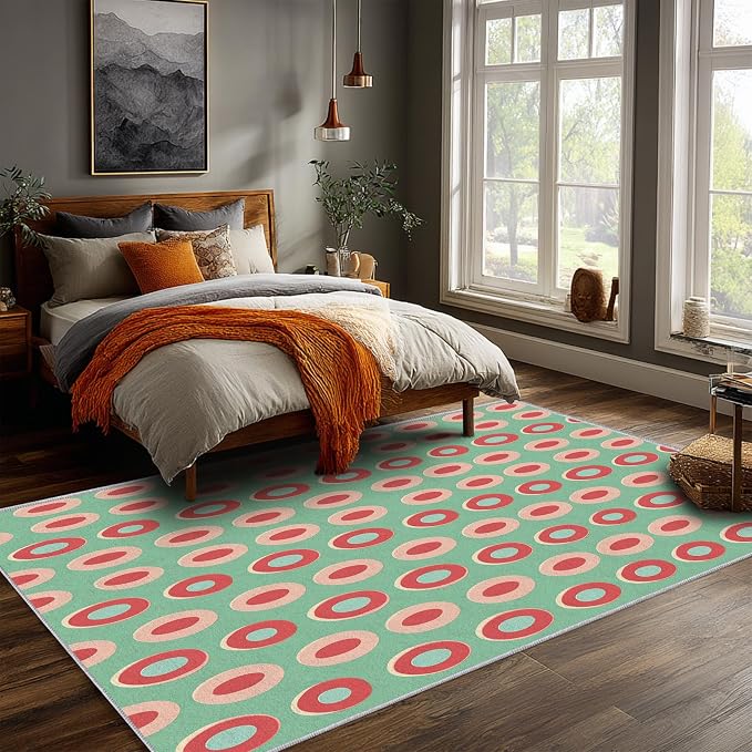 Mid Century Modern Rugs 7x9, Geometric Retro Washable 7 x 9 Area Rug for Living Room, Bedroom, Low Pile Non Slip Stain Resistant Carpet, Mid Century Home Decor Accessories & M924