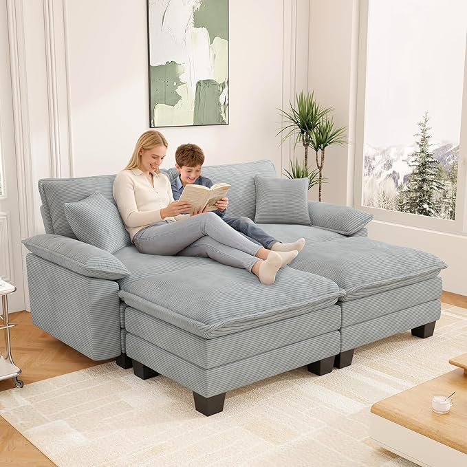 Modular Sectional Sofa Cloud Couch, Comfy Corduroy Loveseat with Ottoman Upholstered Deep Seat Sleeper Sofa Bed 2 Seater Couch Oversized Chaise Lounge Chair Indoor for Living Room Bedroom, Grey