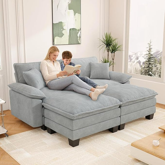 Modular Sectional Sofa Cloud Couch, Comfy Corduroy Loveseat with Ottoman Upholstered Deep Seat Sleeper Sofa Bed 2 Seater Couch Oversized Chaise Lounge Chair Indoor for Living Room Bedroom, Grey