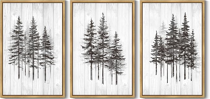 KUVIOKE Woodcut Pine Tree Framed Wall Art Nature Abstract Forest Wall Decor Rustic Minimalist Painting for Bedroom Dining Room 24x36in (Natural Framed)