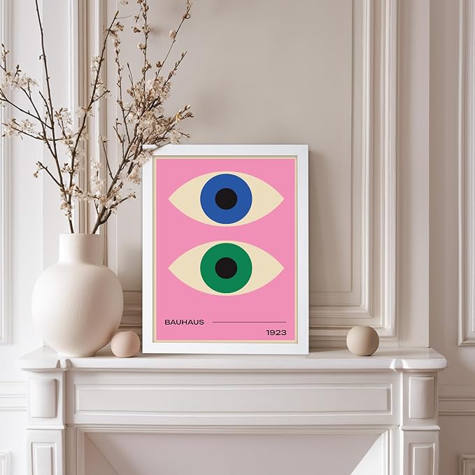Poster Master Bauhaus Poster - Eyes Print - Abstract Circles ART - Graphic Design ART - Geometric Style - Chic Boho - Mid Century Modern - Living Room or Bedroom Decor - 11x14 White Framed