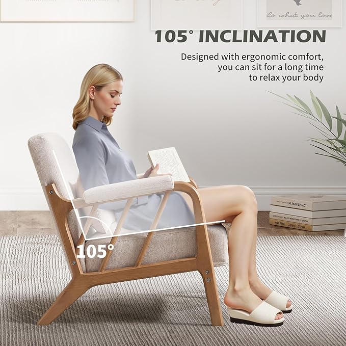 INZOY Accent Chairs Set of 2, Mid Century Modern Accent Chair with Wood Frame, Upholstered Reading Armchair with Soft Linen Fabric, Accent Chair for Living Room Bedroom Apartment, Easy Assembly, Beige