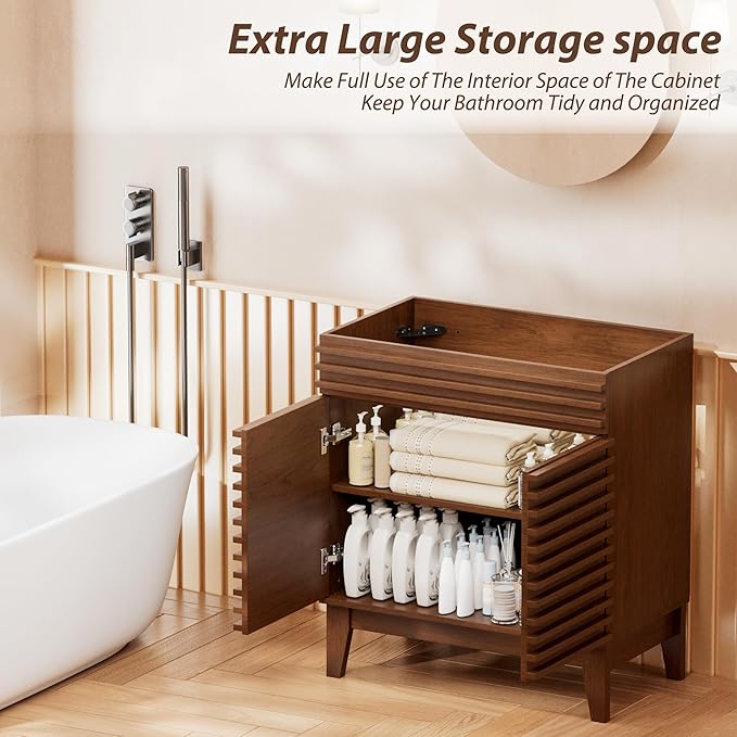 APRILSOUL 30" Bathroom Vanity, Mid-Century Bathroom Vanity Cabinet with 2 Soft Closing Doors, Freestanding Bathroom Cabinet, Particleboard Frame with Wood Grain Laminate, Walnut (Sink Not Included)