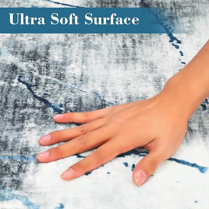 Area Rug 5x7 Washable Modern Abstract Rug for Living Room Water Ink Abstract Small Accent Carpets Low Pile Soft Bedroom Floor Covers Non Shedding Office Carpet Mat for Porch Kitchen， Blue