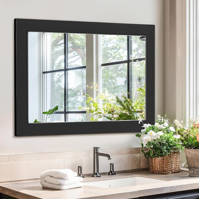 40''x30'' Rustic Wall Mirror for Bathroom Black Wood Frame, Classic Rectangle Mirror Farmhouse Vanity Wall Mirror Decor Living Room, Bedroom, Entryway