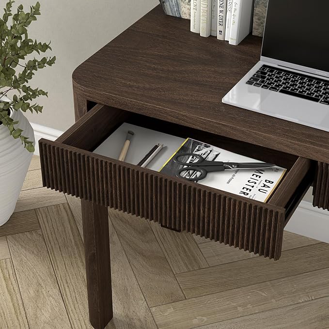 Henn&Hart 48" Fluted Modern Rectangular Home Office Desk Computer Desk Writing Table with 2 Ribbed Storage Drawers for Bedroom, Living Room, or Home Office, Rich Brown