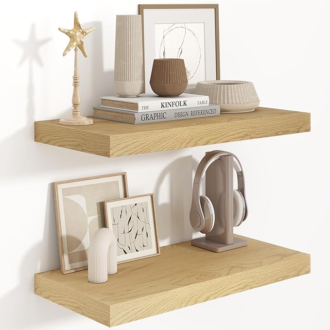 24"W x 9.3"D Floating Shelves for Wall, Wall Mounted Bathroom Shelves 2 Pack Deep Floating Shelf for Bedroom Kitchen Living Room, Rustic Wooden Wall Shelf with Invisible Bracket for Books Decor