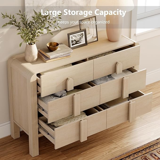 WAMPAT 47.2" W Buffet Cabinet with 6 Drawers, Modern Sideboard Buffet Cabinet with Storage, Buffet Table Coffee Bar Wine Bar Storage Cabinet for Dining Room, Living Room, Hallway, Light Oak