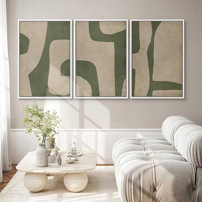 SIGNWIN Framed Canvas Print Wall Art Set Abstract Geometric Green and Beige Tones Illustrations Modern Art Decorative Boho Relax/Zen Nordic for Living Room, Bedroom, Office - 16"x24"x3 White