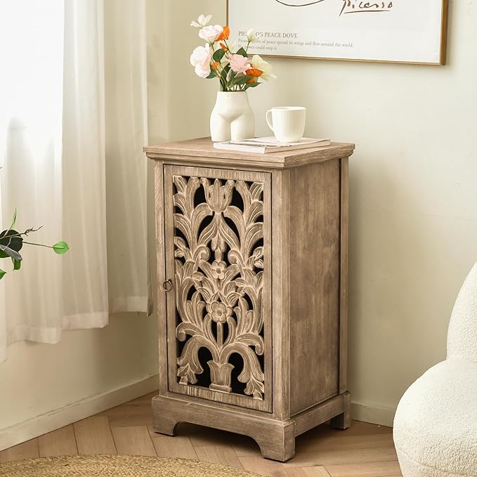 eHemco Vintage Hollow Carved Door End Table, 18 x 14 x 30.5 Inches, Storage Cabinet with Decorative Panel, Indoor Living Room Side Table, Natural