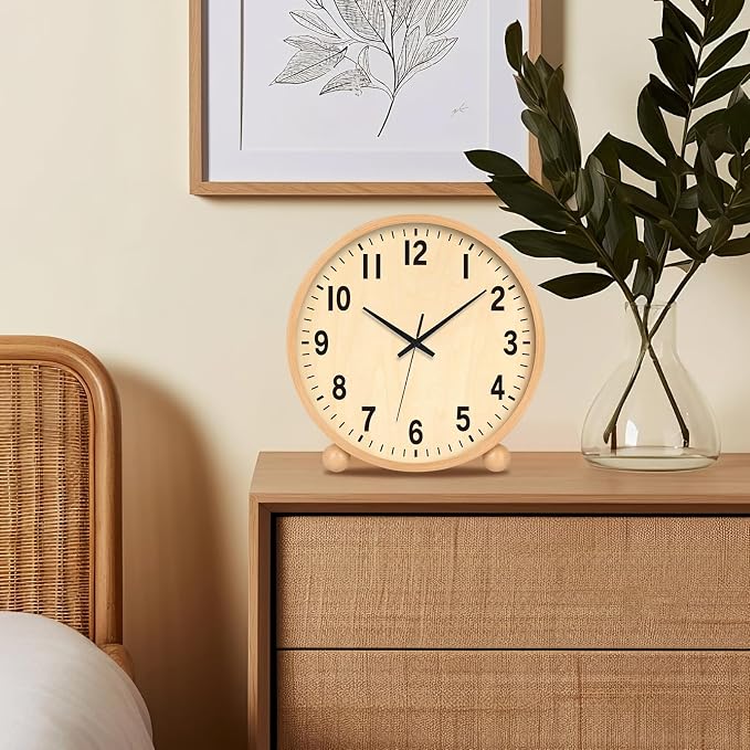 Maxspace Wooden Table Clock,8in Silent Non-Ticking Desk Clock,Battery Operated Desktop Analog Clock for Living Room Bedroom Kitchen Office Classroom Decor (Log)