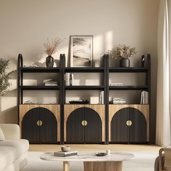 BELLEZE Book Shelf 72" Tall Arched Bookcase with Storage, 5 Tier Mid Century Modern Fluted Bookshelf with Doors, Modular Bookshelves for Living Room Office Library, Set of 3 (Camel)