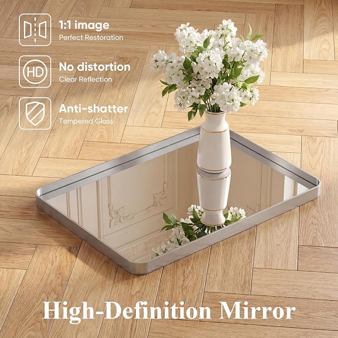 NEWBULIG 32X40 Inch Bathroom Mirror for Over Sink, Wall Vanity Mirrors Tempered Glass, Anti-Rust Metal Framed Rounded Rectangle, Hangs Horizontally or Vertically, Farmhouse Home Decor, Silvery