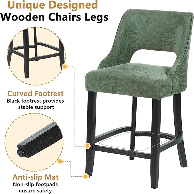 ClinQ Bar Stools Set of 4, 26" H Counter Height Bar Stools with Backs, Modern Upholstered Accent Barstools with Curved Footrest for Kitchen Island, Dining Room and Bar, Green-Black Legs