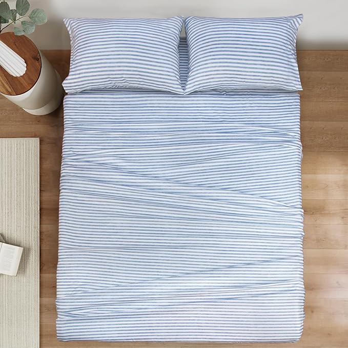 Mejoroom Striped Full Size Sheets - 1800TC Luxury Full Sheets with 16 Inch Deep Pocket - Premium Bedding Collection - Extra Soft, Breathable, Wrinkle, Fade & Stain Resistant - 4 Piece (Blue Stripe)
