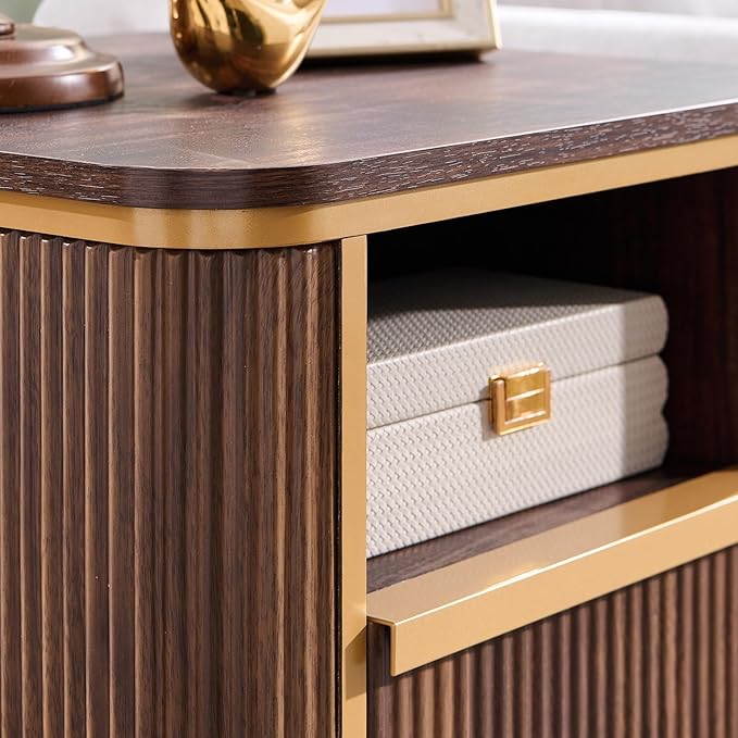 OKD Modern Chic Fluted Nightstand Luxury with Charging Station, End Table/Bed Side Table w/2 Drawers, Faux Marble Tabletop, Gold Metal Decor, Curved Edge Design, Dark Walnut