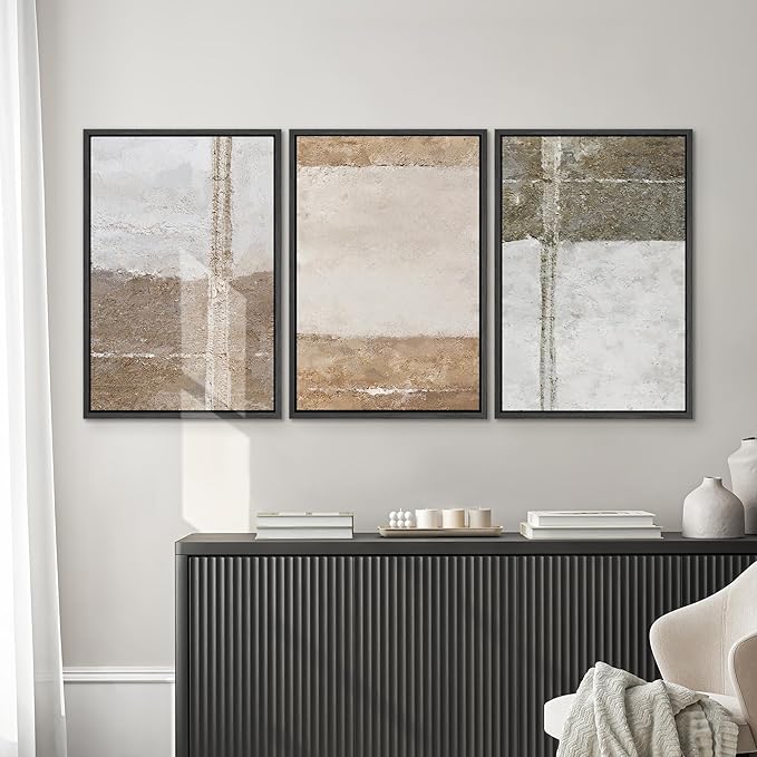 SIGNWIN Framed Canvas Print Wall Art Set Grunge Gray Brown Pastel Landscape Abstract Shapes Illustrations Modern Art Geometric Zen Mid-Century for Living Room, Bedroom, Office - 16"x24"x3 Black