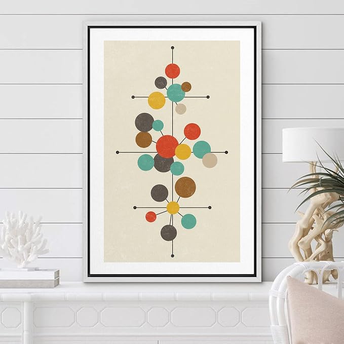 Woodrose Framed Canvas Print Wall Art Geometric Mid-Century Dot Collage Abstract Shapes Illustrations Modern Minimalist Chic Relax/Calm Multicolor for Living Room, Bedroom, Office - 24"x36" White