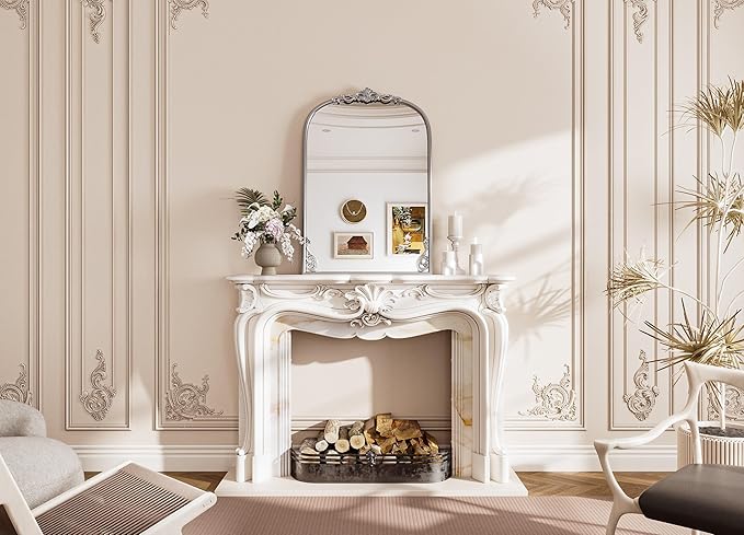 TETOTE Silver Arched Mirror for Mantle Fireplace 24 x 36 Baroque Antique Silver Vintage Arch Ornate Mirror for Traditional Victorian French Decor, French Cleat Mount