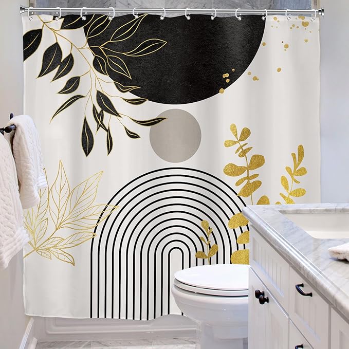 Riyidecor Black Gold Mid Century Modern Shower Curtain for Bathroom Decor 72Wx72H Boho Abstract Gold Leaves Minimalist Geometric Arch Sun Art Printed Fabric Polyester Waterproof 12 Pack Plastic Hooks