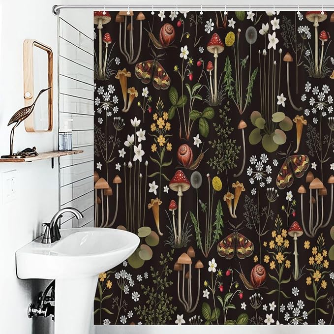 Mushroom Shower Curtain, Retro Wild Floral Botanical Mushroom Floral Moth Cottagecore Nature Plants Leave Herbs Black Farmhouse Waterproof Fabric Bathroom Shower Curtain Set with Hooks, 72"x84" Inch