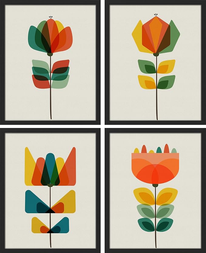 SIGNWIN Framed Mid-Century Modern Retro Botanical Flower Garden Wall Art, Set of 4 Abstract Geometric Wall Decor Prints, Nature Wilderness Wall Décor for Living Room, Bedroom - 12"x16" Black