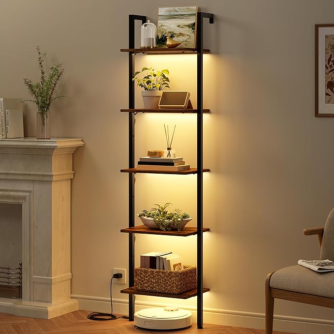 Tajsoon 5-Tier Ladder Shelf with LED Light, Wall Mounted Ladder Bookshelf with Metal Frame, Wall Ladder Bookshelf for Living Room, Bedroom, Office, Rustic Brown