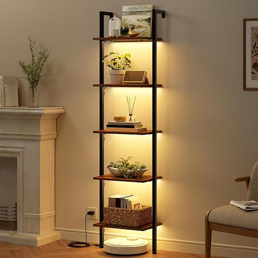 Tajsoon 5-Tier Ladder Shelf with LED Light, Wall Mounted Ladder Bookshelf with Metal Frame, Wall Ladder Bookshelf for Living Room, Bedroom, Office, Rustic Brown