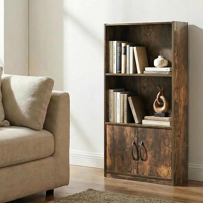 Furinno Gruen Book Shelf, 3-Tier Bookshelf, Bookcase with Open Shelf and 2 Doors Storage Cabinet, 9.3 x 21.8 x 39.5, for Organization and Storage, for Living Room, Bedroom, Home Office, Amber Pine