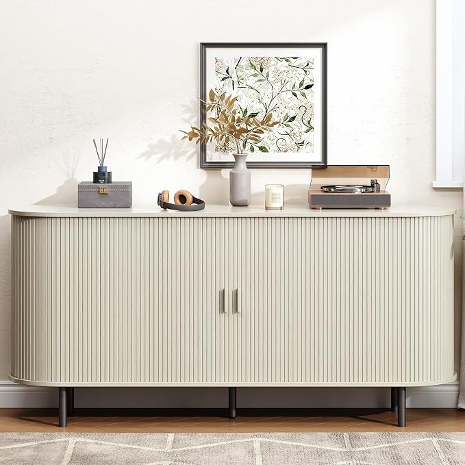 Buffet Cabinet with Storage, Fluted Sideboard Buffet with Sliding Door, Coffee Bar Cabinet with Adjustable Shelf, Console Table, Accent Table for Entryway, Kitchen (Natural White, 63 Inch)