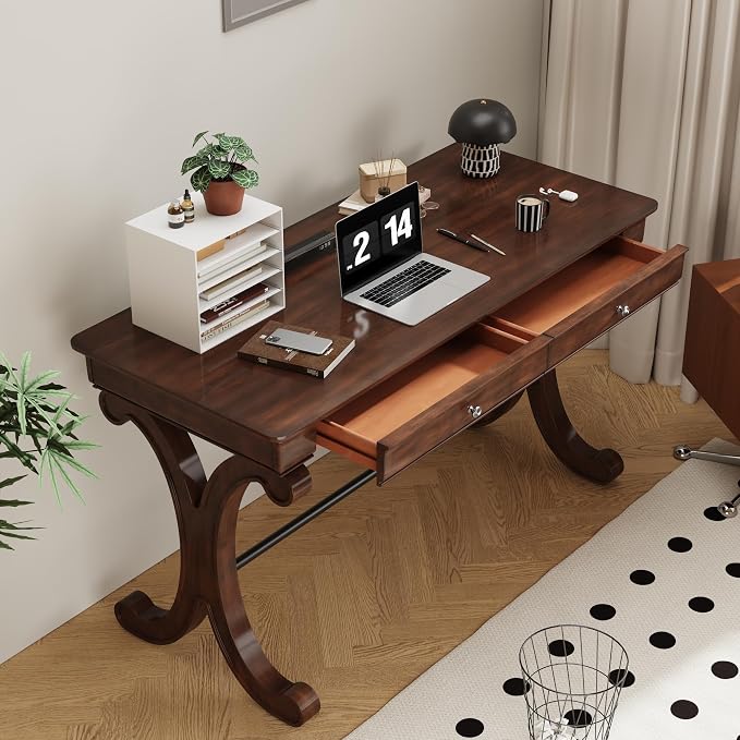 Farmhouse Oak Laptop Desk, Home Office Desks with 2 Storage Drawers, 47.2" Large Work Desk with Curved Legs, Secretary Desk for Home Office, Easy Assembly Vanity Desk, Study Table Station SSZD0036