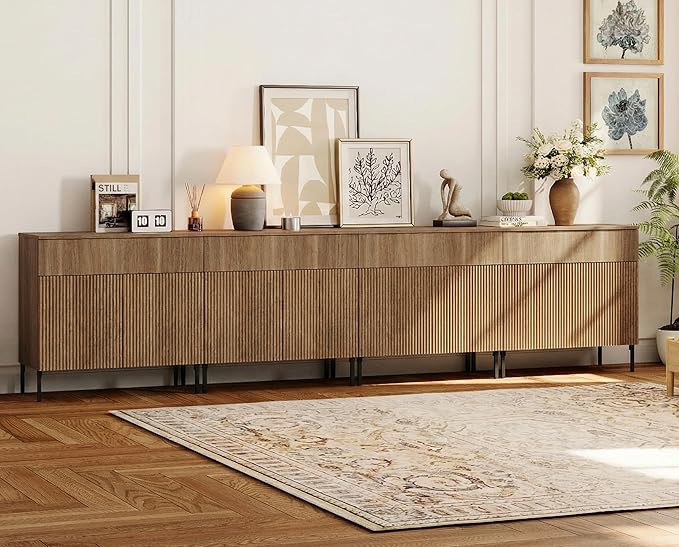 WAMPAT 126" W Large Sideboard Buffet Cabinet with Storage,4 in 1 Fluted Sideboard Buffet with 8 Doors, Wooden Buffet Table, Coffee Bar Wine Bar Cabinet for Dining Room, Living Room, Light Walnut