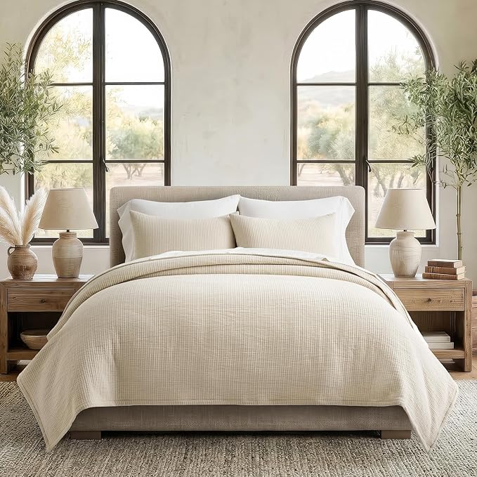 EVERGRACEHOME Cotton Gauze Full Queen Bedspread, Ultra Soft Prewashed Pick Stitch Matelassé Coverlet, Lightweight Textured Oversized Queen Quilt Bedding Set for All Season, w/ 2 Shams, Soft Oat
