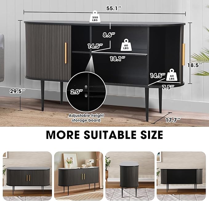 Grepatio Sideboard Buffet Cabinet with Storage, 55" Tambour Credenza Cabinet with Fluted Slide Door and Adjustable Shelves, Wood Console Cabinets for Bedroom Living Room Hallway Entryway (Black)