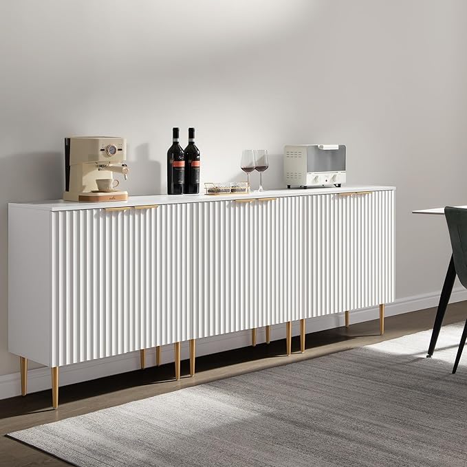 SICOTAS Sideboard Cabinet - 87'' Modern Accent Credenza Storage Cabinet Kitchen Fluted Sideboard with 6 Doors & Adjustable Shelves, Console Coffee Bar Table for Entryway Living Room Hallway, White