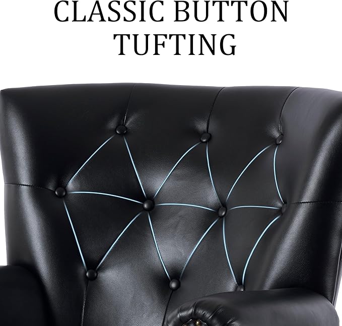 Modern Accent Chair Set of 2, Mid-Century PU Leather Armchair with Solid Wood Legs, Single Sofa Chair for Living Room, Bedroom, Leisure Room, or Reading Room(Black)