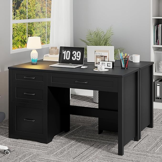 Farmhouse 47" Executive Desk with File Drawer, Wood Computer Desk with 3 Storage Drawers, Workstation for Home Office, Study, Writing(Black)