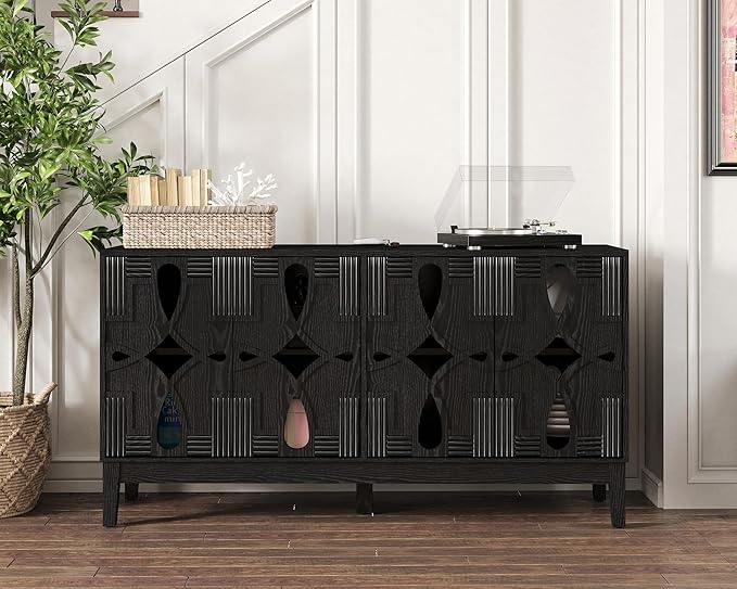 LKTART Black Sideboard Buffet with Hollow Carved Doors and Outlet Holes,Accent Cabinet,Credenzas Storage Cabinet for Living,Kitchen