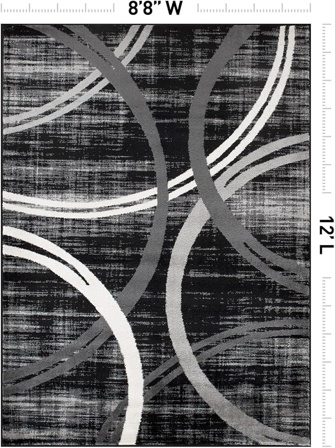Rugshop Modern Wavy Circles Design Area Rug, Non-Shedding Carpet for Living Room, Large Bedroom, or Dining Room,Grand Room,Open Spaces Black, 8'8" x 12'