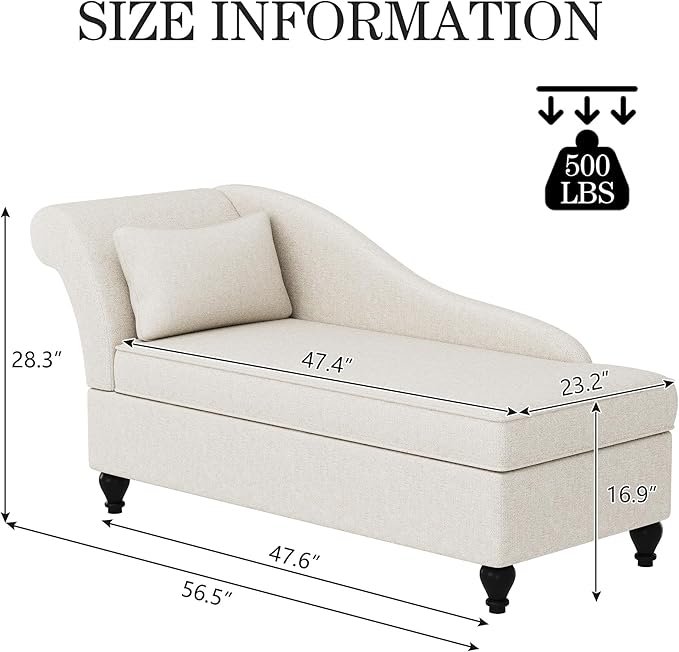 Storage Chaise Lounge Indoor, Linen Upholstered Chaise Lounge Chair with Storage for Bedroom Living Room Office Beige Fabric (Left Armrest)