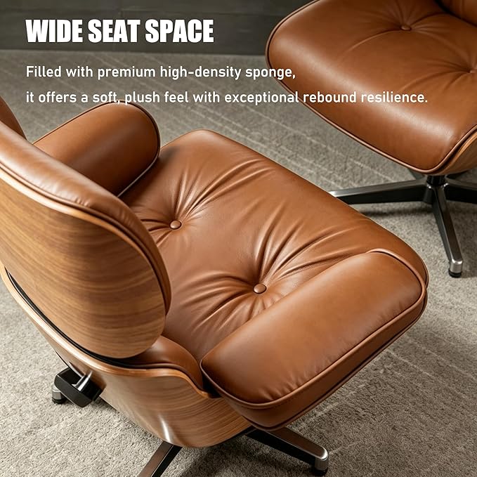 Mid Century Chaise Lounge Chair with Ottoman, Modern Retro Classic Design, PU Leather & Walnut Wood, Heavy Duty Metal Support, Comfortable for Living Room Bedroom Office（Brown-Premium）