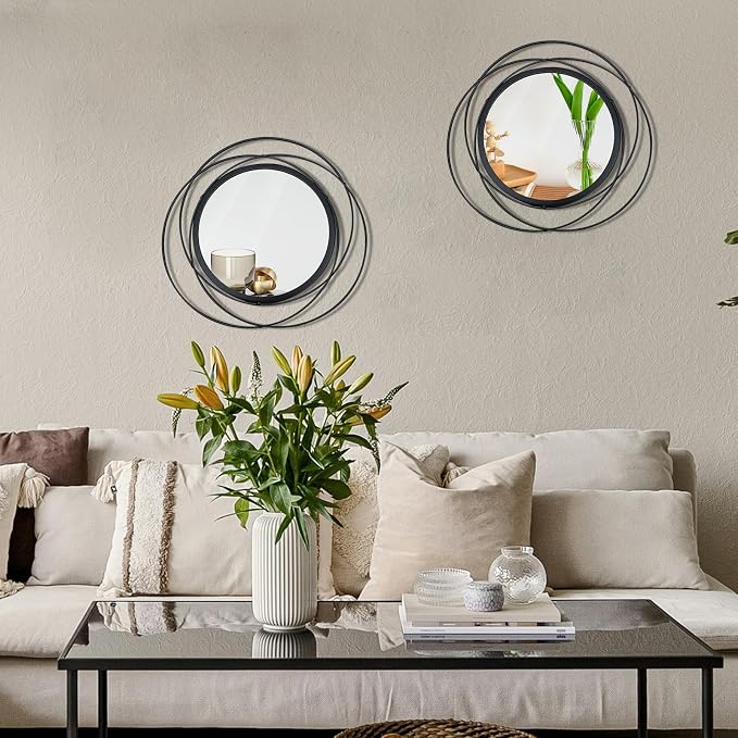 2 Set Circle Mirrors for Wall Decor for Living Room Bedroom Bathroom Entryway Metal Round Mirror Decorative Hanging Mirrors Sun Bohemian Geometric Accent Sculpture -Black 13 in
