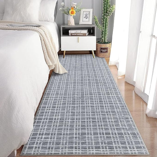 Washable Runner Rug for Entryway 2x6 Modern Plaid Non Slip Kitchen Rug Bathroom Rugs Grid Throw Rugs Soft Faux Wool Stain Resistant Carpet for Laundry Hallway Bedside 2'x6' Grey