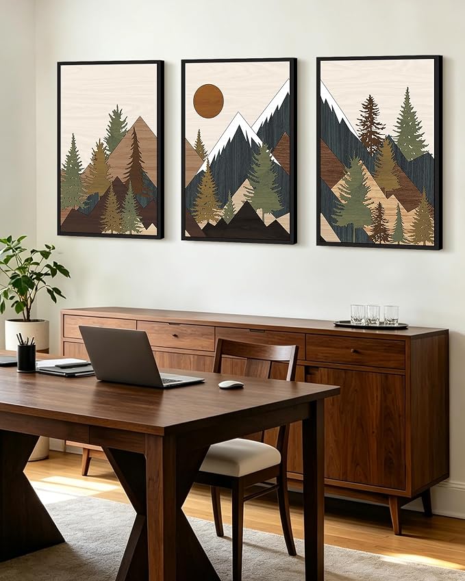 KUVIOKE Morden Mountains Framed Wall Art Boho Pine Tree Forest Nature Landscape Artwork Bohemain Farmhouse Rustic Bedroom Living Room Decor 24x36in (Black Framed)