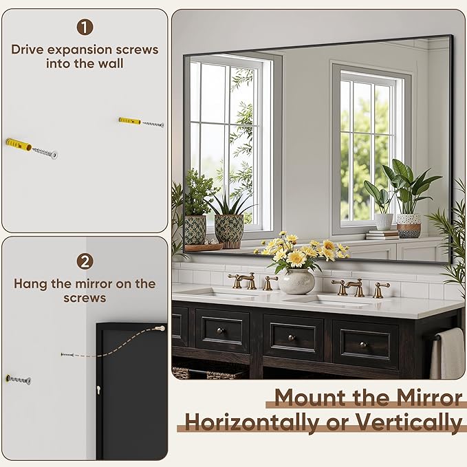 Bathroom Mirror 60" x 36", Large Rectangle Wall Mirror, Black Metal Frame Wall Mounted Mirrors for Bathroom, Vanity, Bedroom, Entryway Decor(Horizontal/Vertical)
