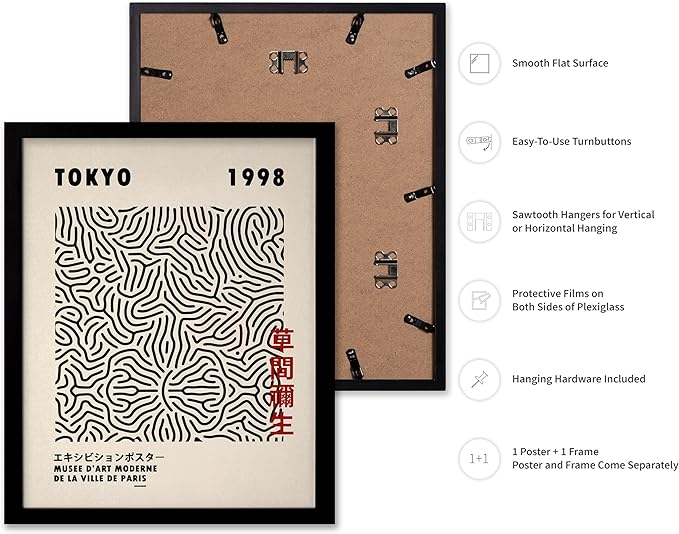 Poster Master Vintage Poster - Retro Pop Art Print - Gift for Artist, Friend - Nets, Tokyo, Black, Modern, Abstract Line - Wall Decor for Living Room, Office, 16x20 Black Framed
